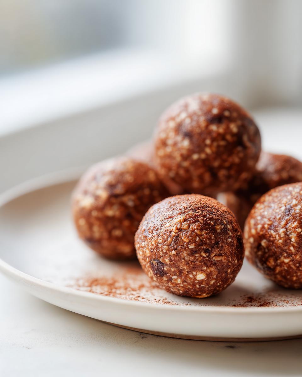 A stack of homemade chocolate protein balls dusted with cocoa powder on a light ceramic plate.