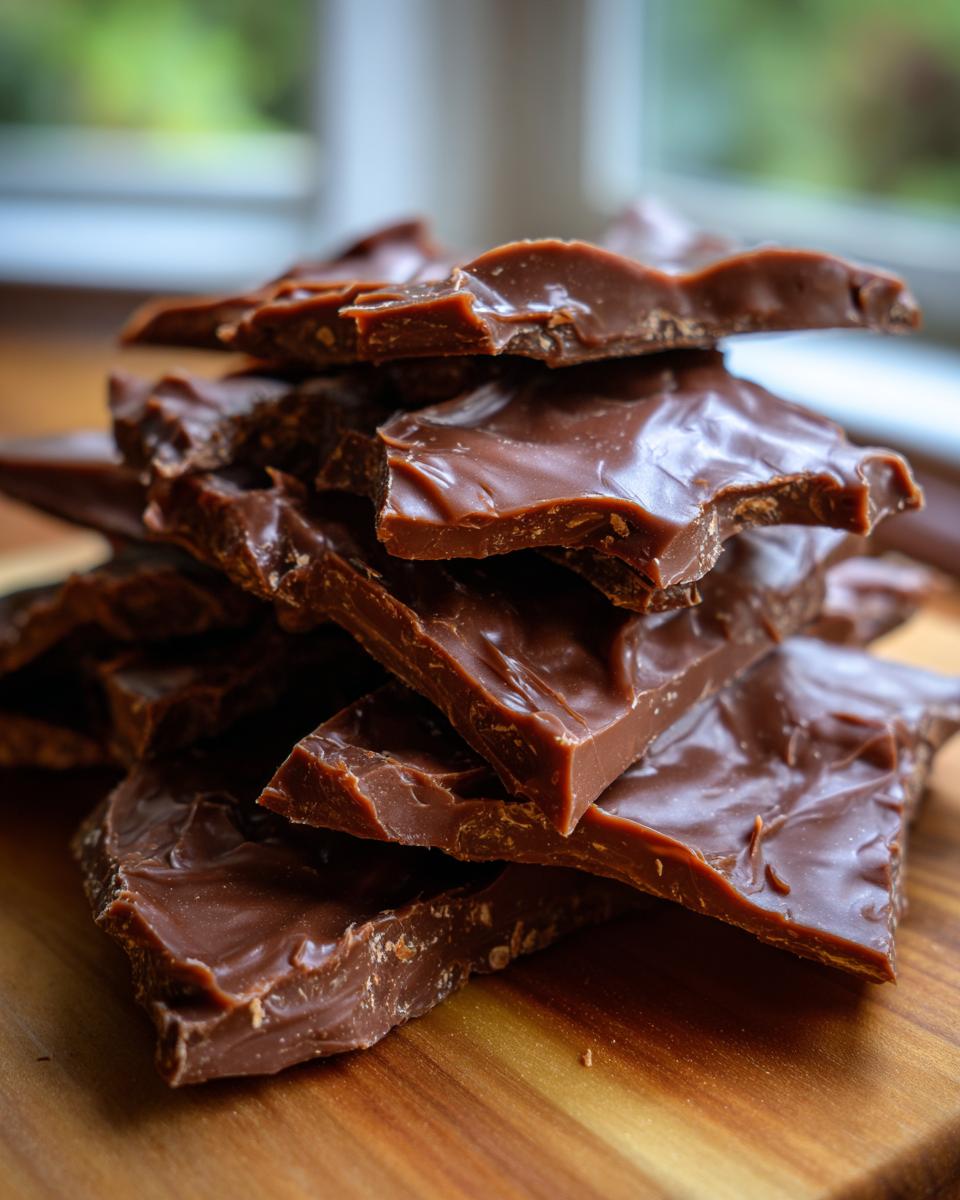 Stack of freshly broken, glossy chocolate pieces from a toffee recipe resting on a wooden board.