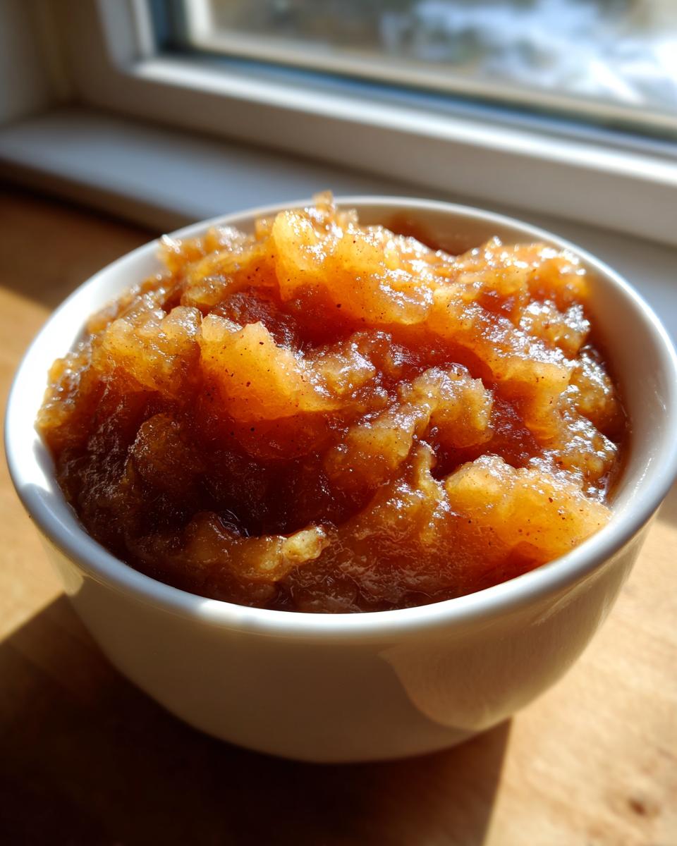 Close-up of chunky, spiced homemade applesauce served in a small white bowl near a window.