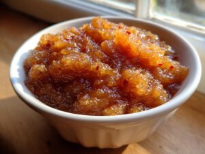 Close-up of chunky, brown homemade applesauce with visible spices in a small white bowl.