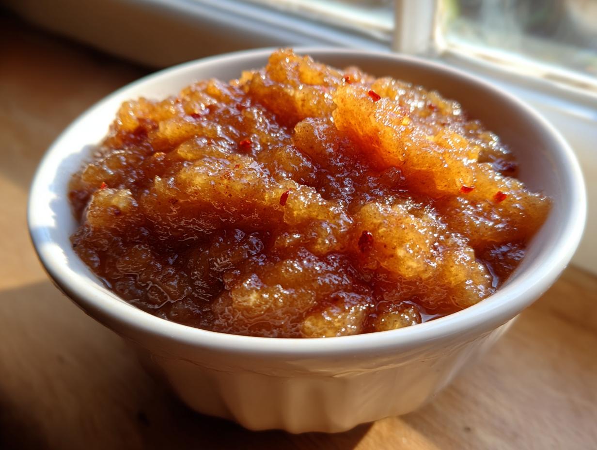 Close-up of chunky, brown homemade applesauce with visible spices in a small white bowl.