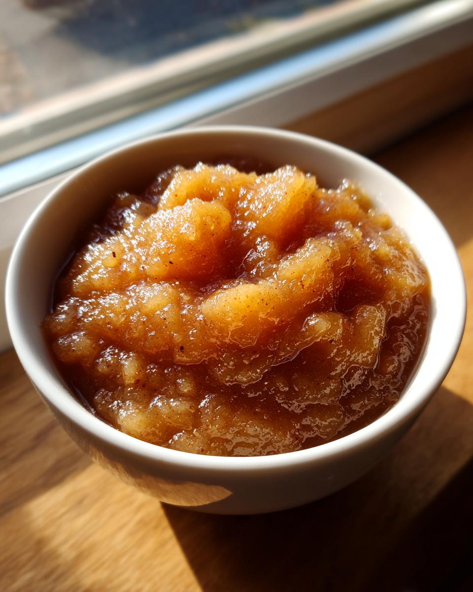 A close-up of chunky, spiced homemade applesauce served in a small white bowl, highlighted by natural light.