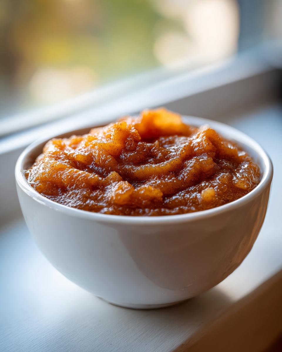 Close-up of a white bowl filled with chunky, spiced applesauce, sitting on a windowsill.