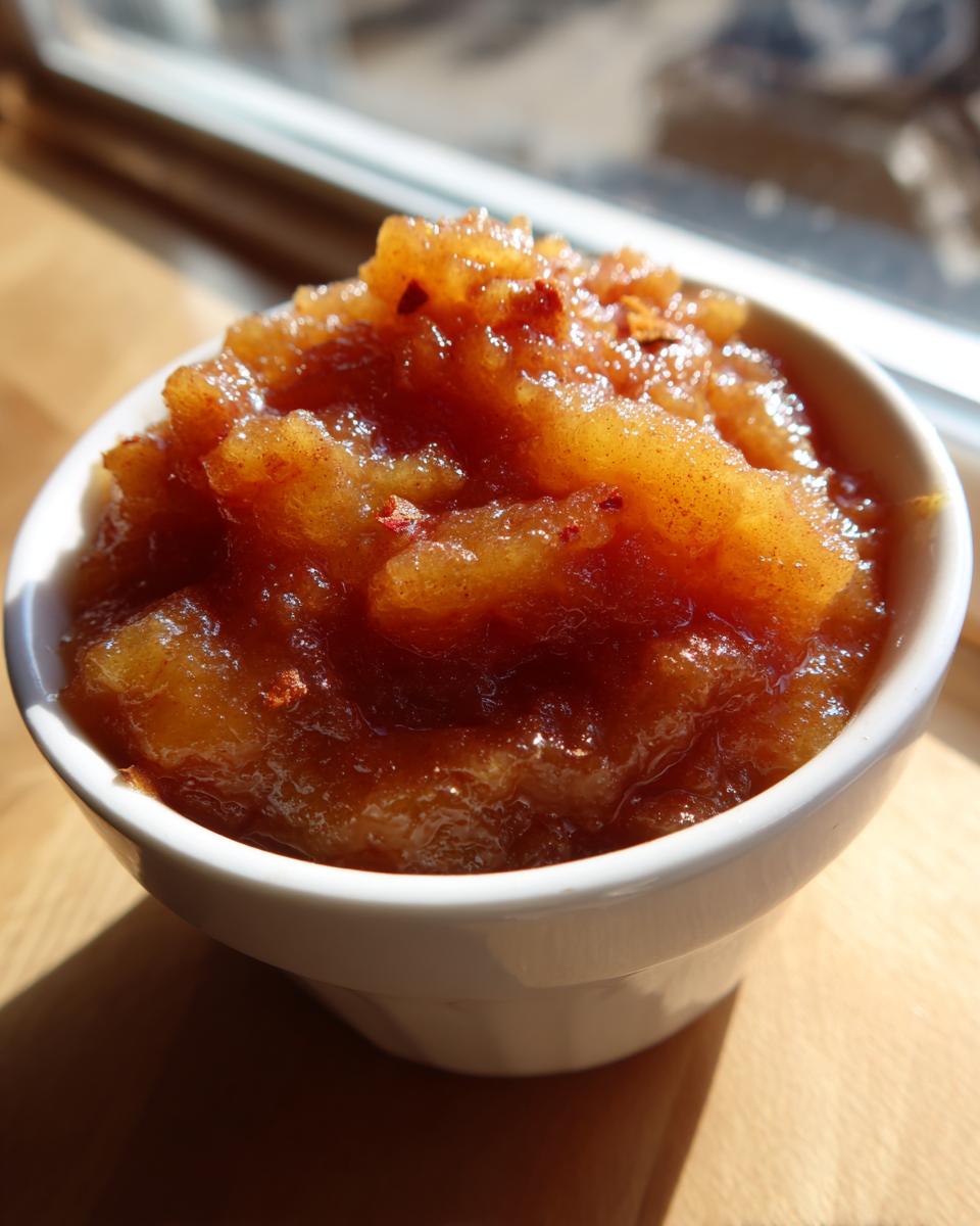 Close-up of chunky, dark amber applesauce seasoned with spices in a small white bowl.