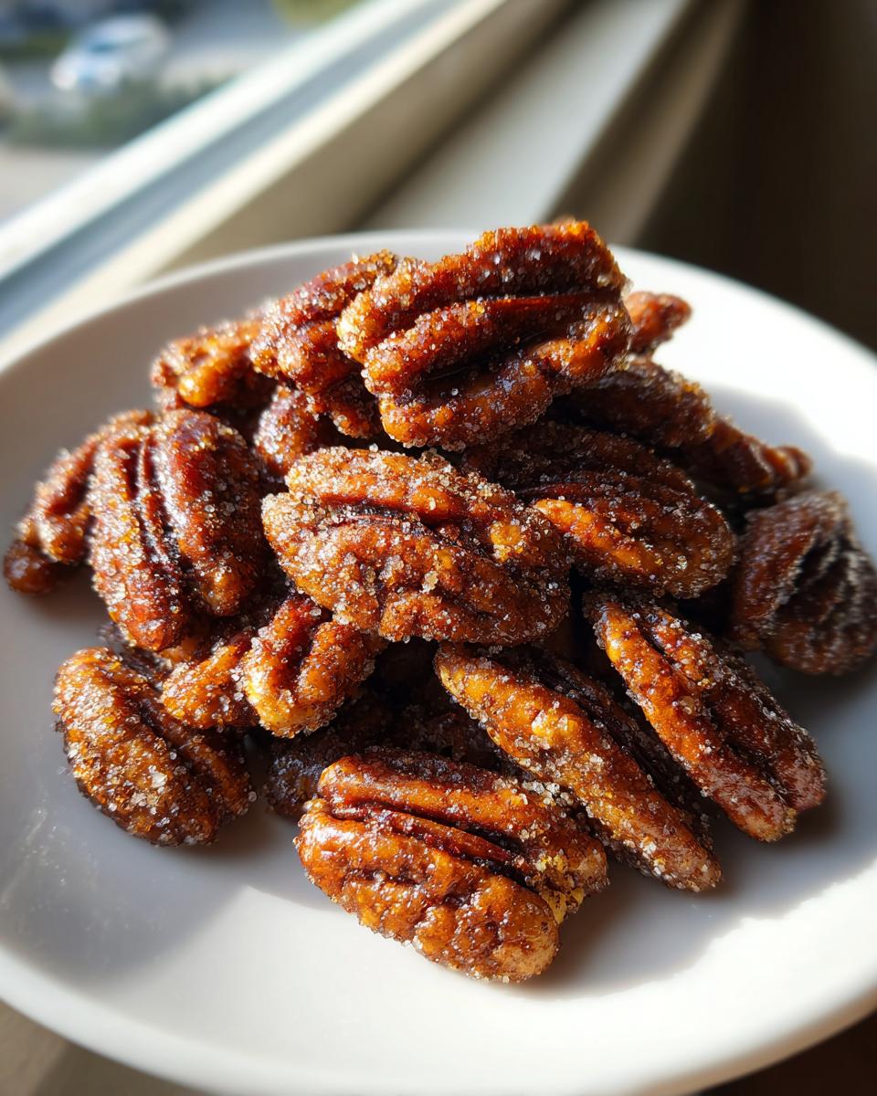A pile of freshly made, glossy cinnamon sugar pecans coated in visible sugar crystals, served on a white plate.