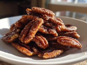 A close-up shot of a pile of glistening cinnamon sugar pecans coated in sparkling sugar crystals.