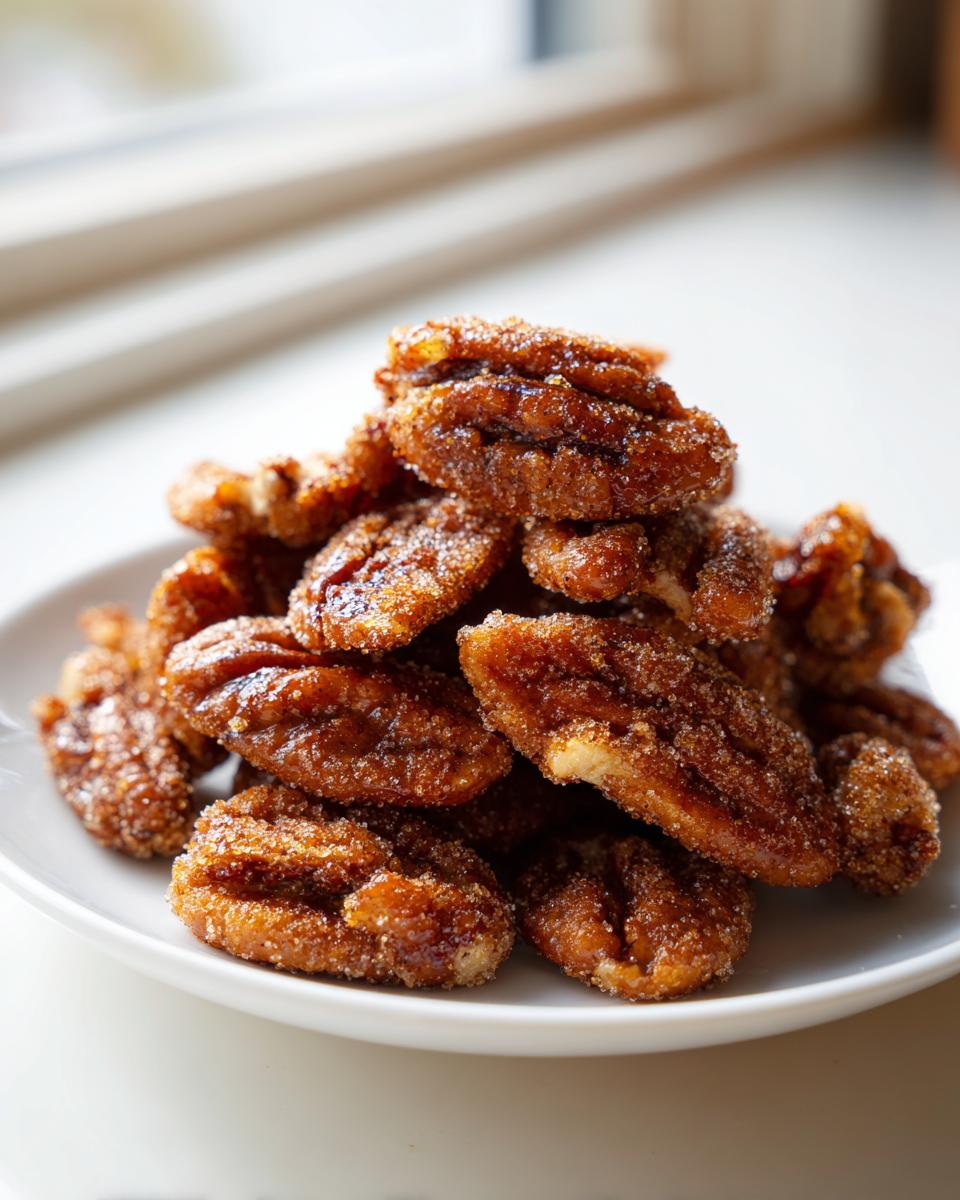 A close-up of a mound of glistening cinnamon sugar pecans piled high on a white plate near a window.