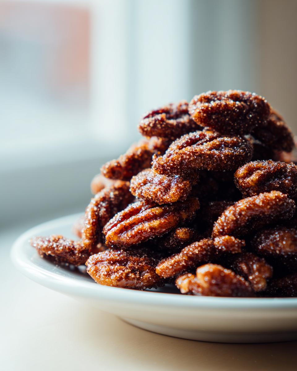 A close-up of a mound of glistening cinnamon sugar pecans piled high on a small white plate.