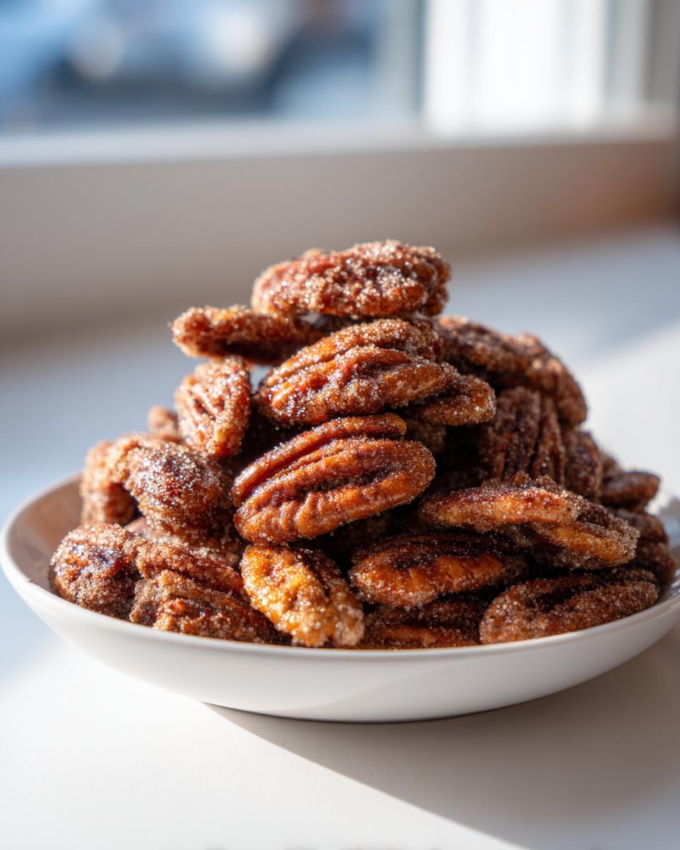A close-up of a white bowl piled high with glistening cinnamon sugar pecans, highlighted by bright sunlight.