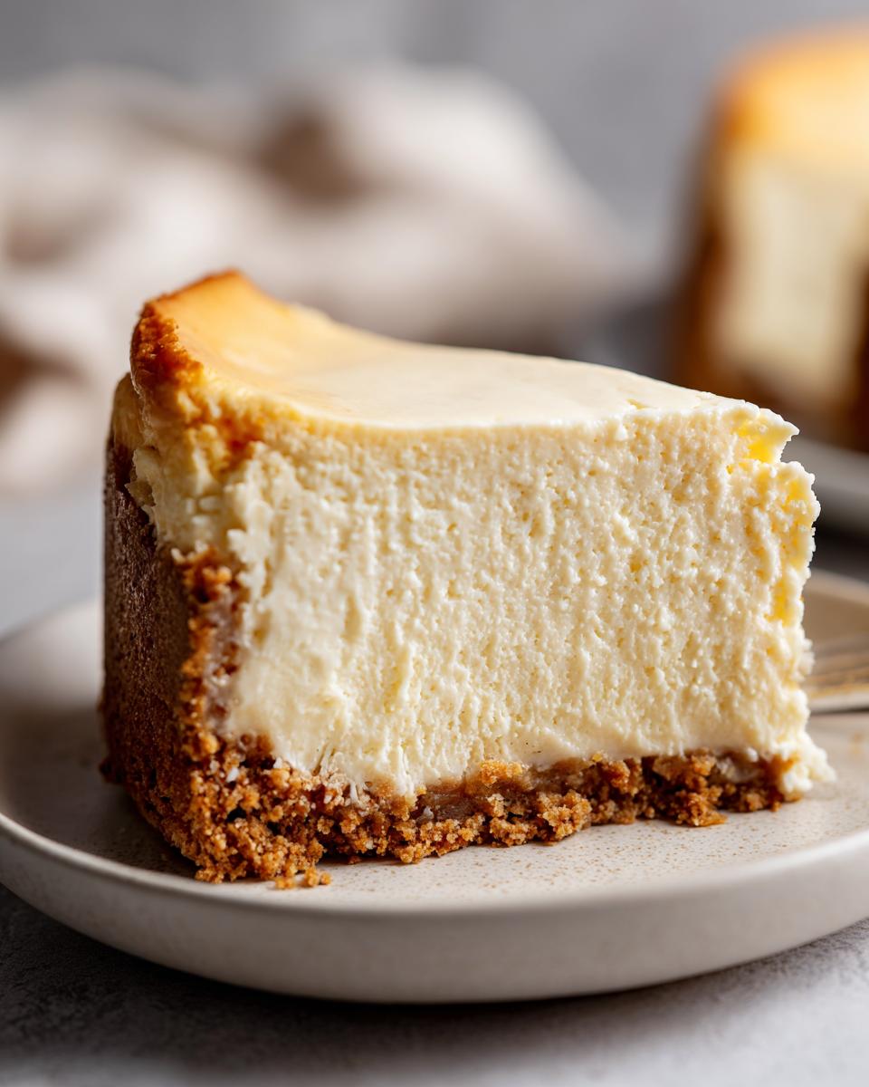 A close-up of a thick, creamy slice of classic cheesecake recipe with a golden graham cracker crust.