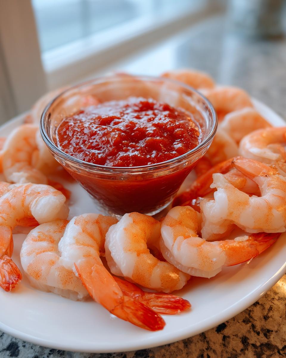 A white plate featuring chilled cooked shrimp surrounding a glass bowl of bright red cocktail sauce for a perfect shrimp cocktail.