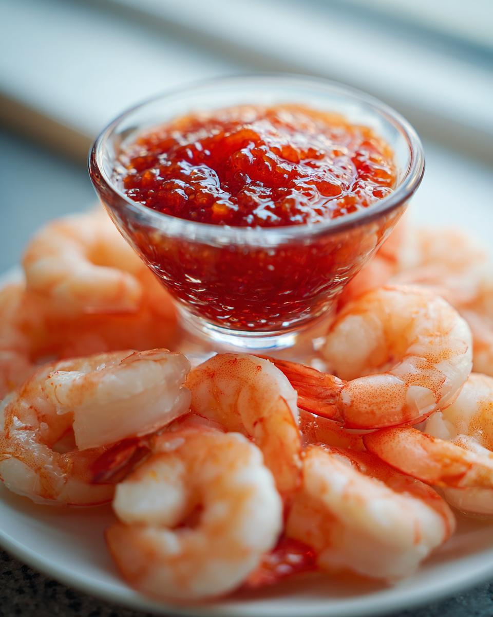 A plate of chilled, cooked shrimp surrounding a small glass bowl of bright red shrimp cocktail sauce.
