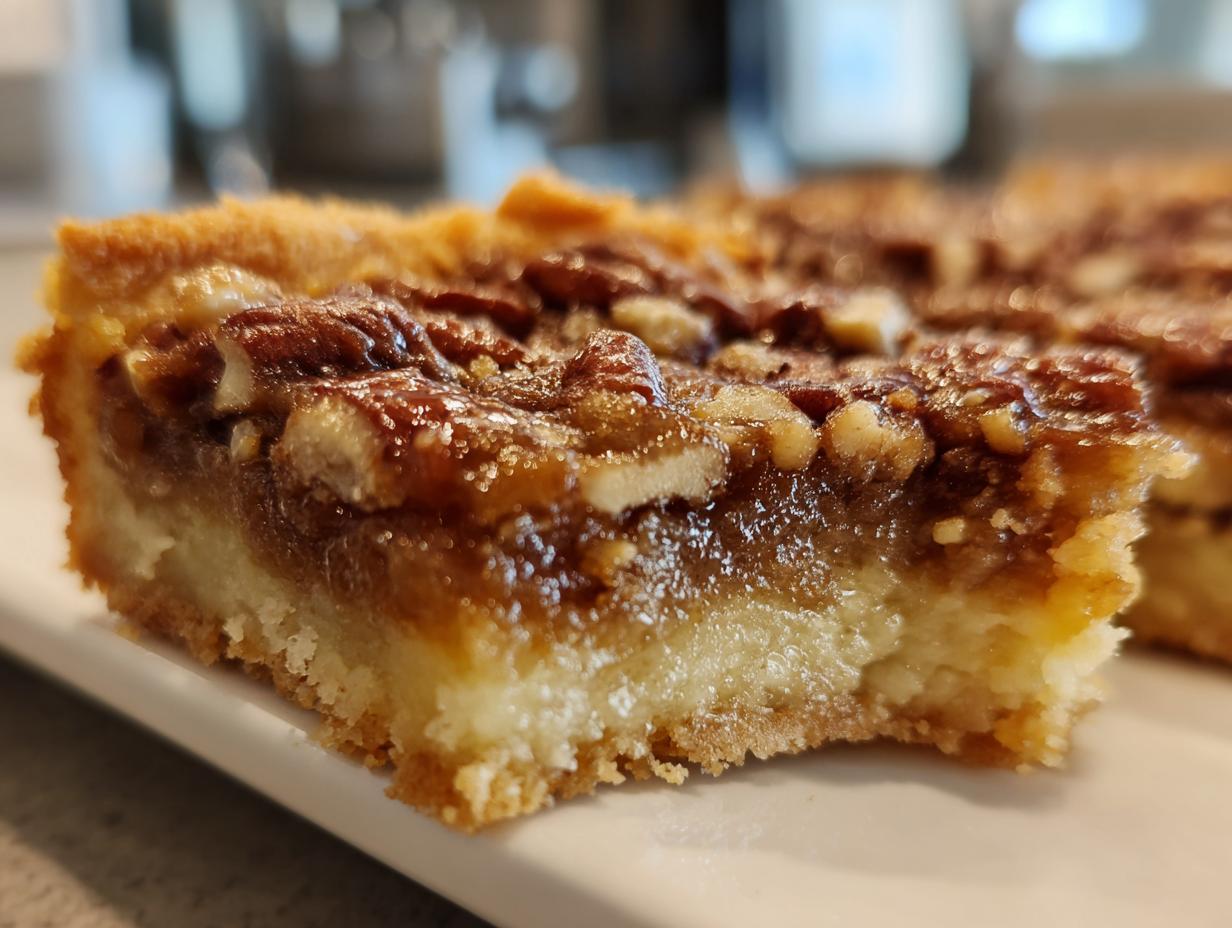 A close-up, macro shot showing the layers of a pecan pie bars slice: shortbread crust, creamy filling, and gooey pecan topping.