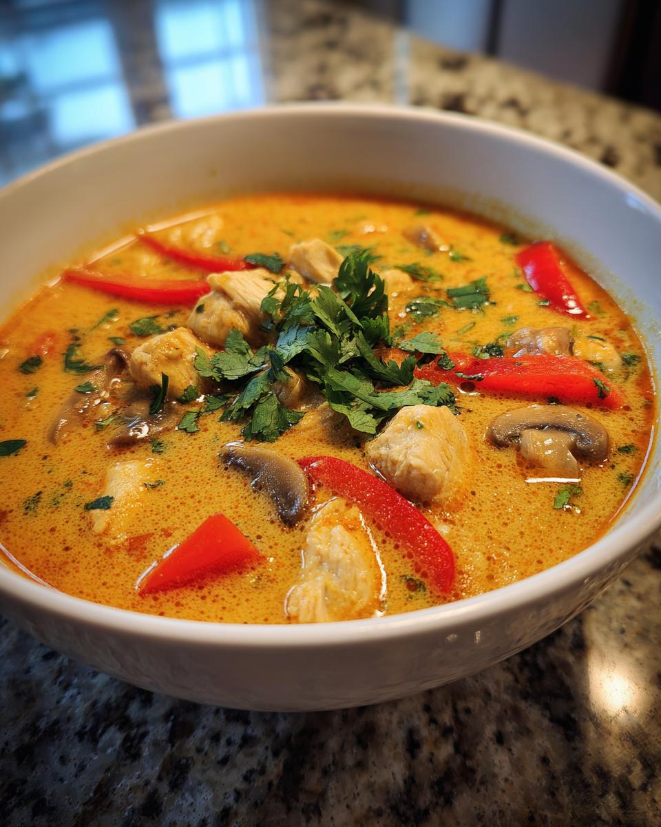 A close-up of a white bowl filled with vibrant orange coconut curry soup, featuring chicken, red peppers, mushrooms, and fresh cilantro.