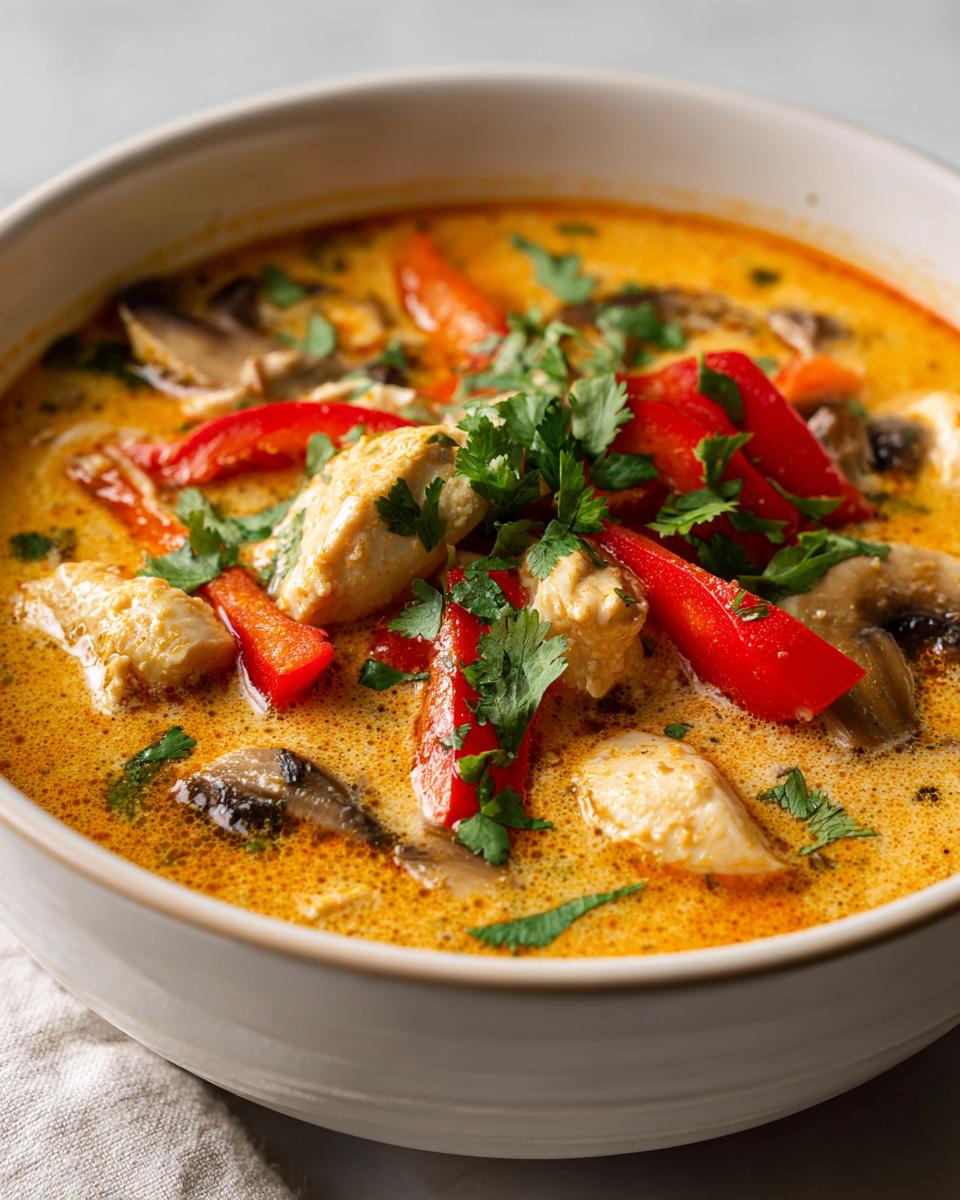 A close-up of a bowl of vibrant, creamy coconut curry soup filled with chunks of chicken, red bell peppers, mushrooms, and fresh cilantro.