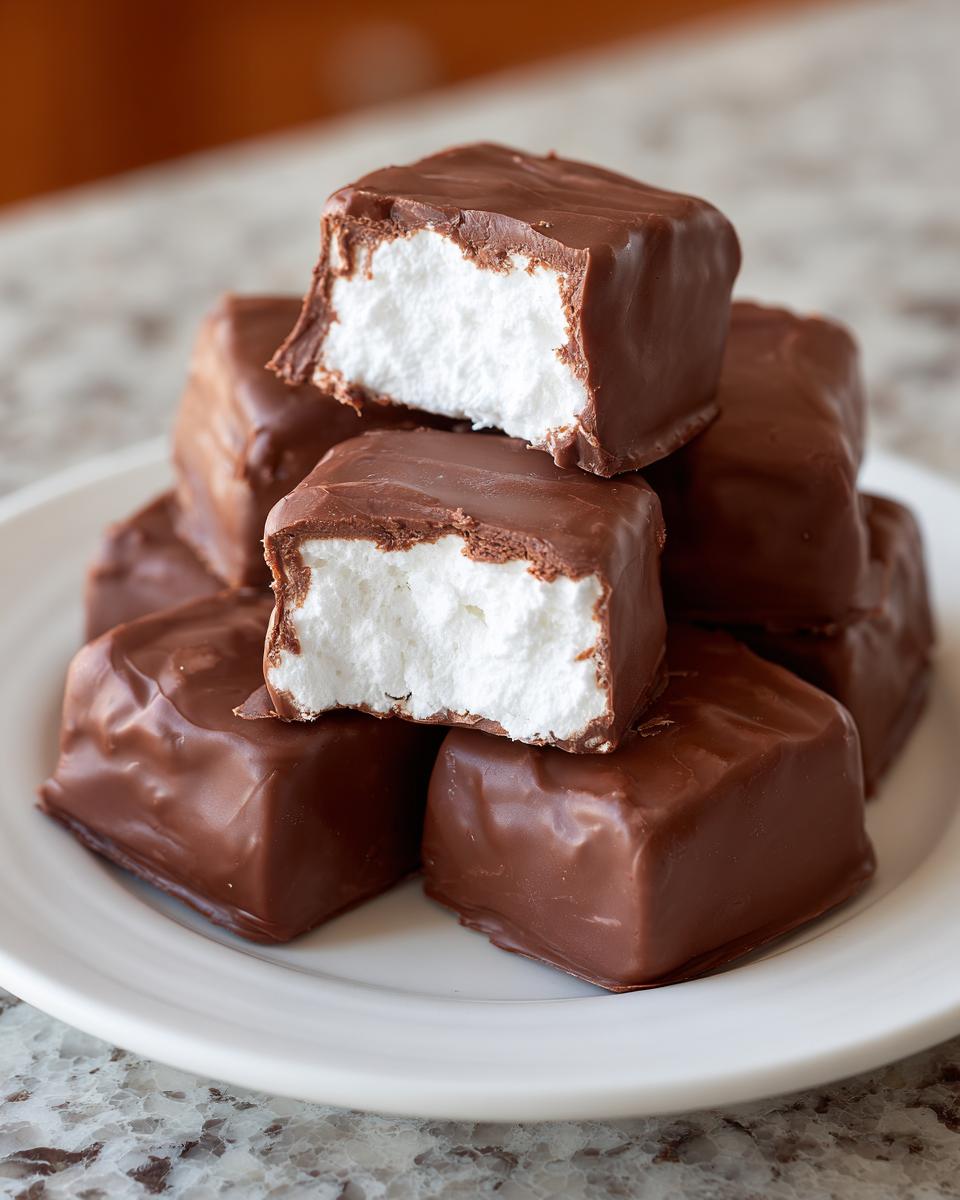 Stack of homemade chocolate-covered bites showing a fluffy white Cool Whip Candy center.