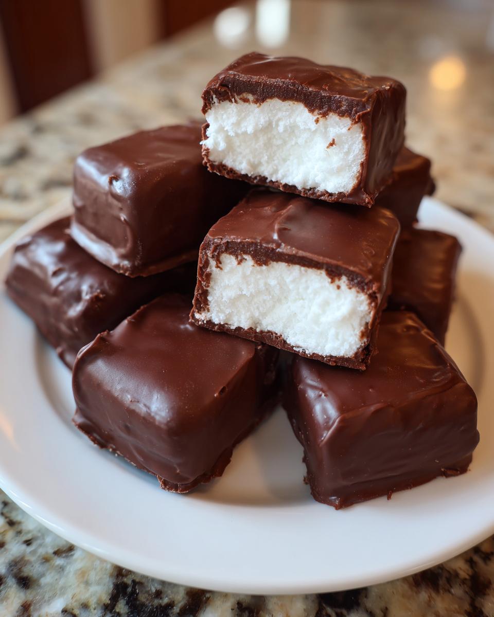 A stack of homemade chocolate-covered squares showing the fluffy white Cool Whip Candy filling inside.
