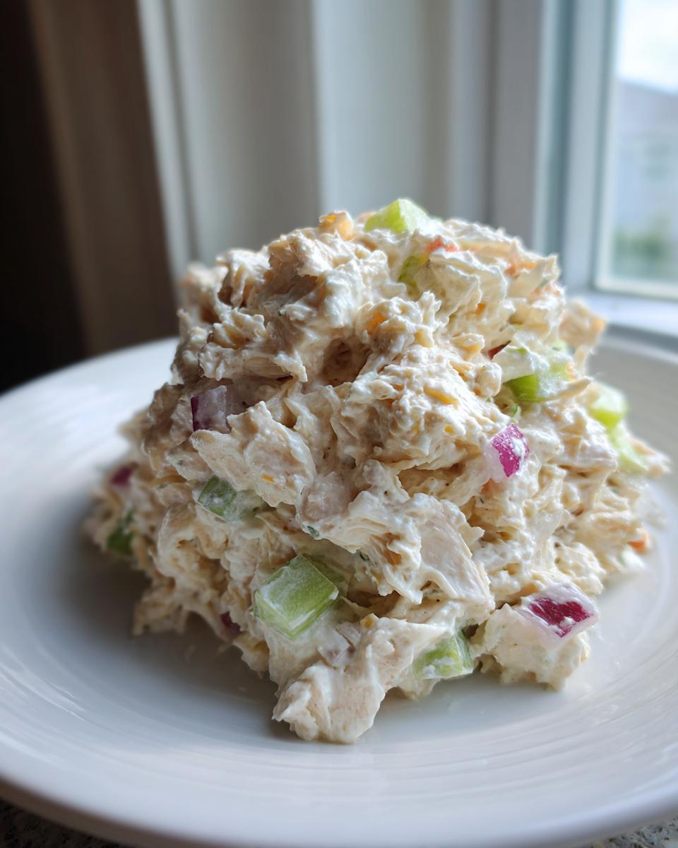 A mound of creamy cottage cheese chicken salad mixed with diced red onion and celery on a white plate.