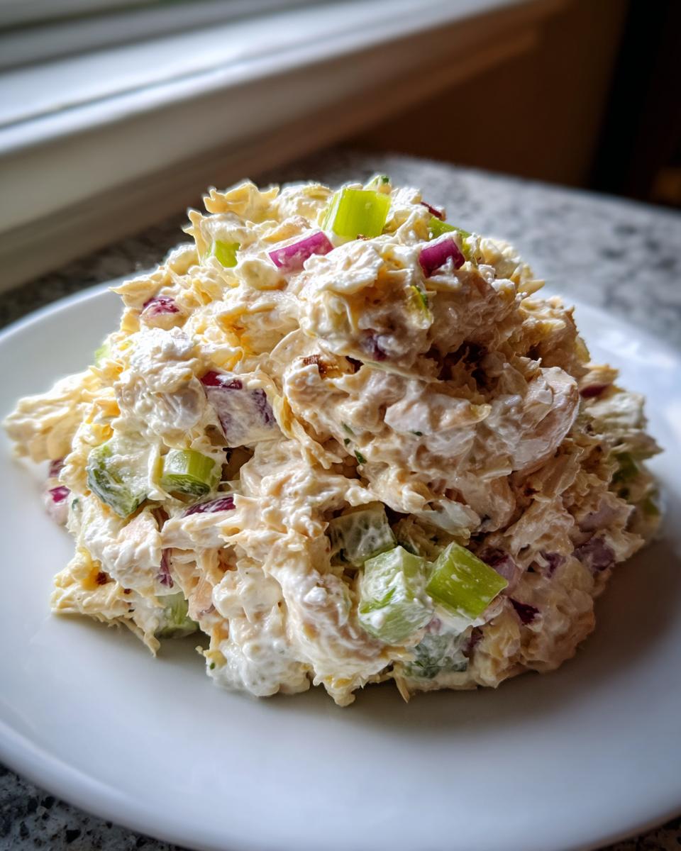 A mound of creamy cottage cheese chicken salad mixed with diced red onion and celery on a white plate.