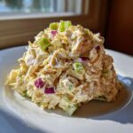 A mound of creamy cottage cheese chicken salad mixed with diced red onion and green celery, served on a white plate.
