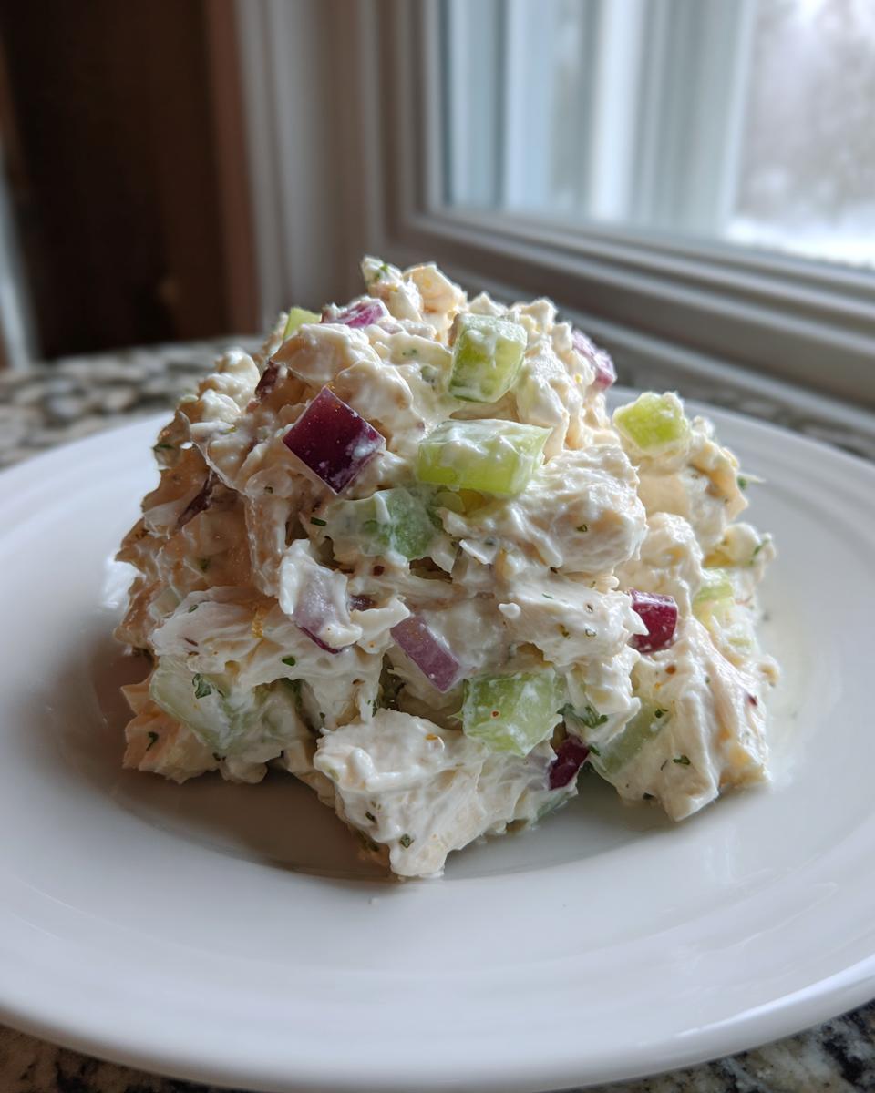 A mound of creamy cottage cheese chicken salad mixed with diced celery and red onion served on a white plate.