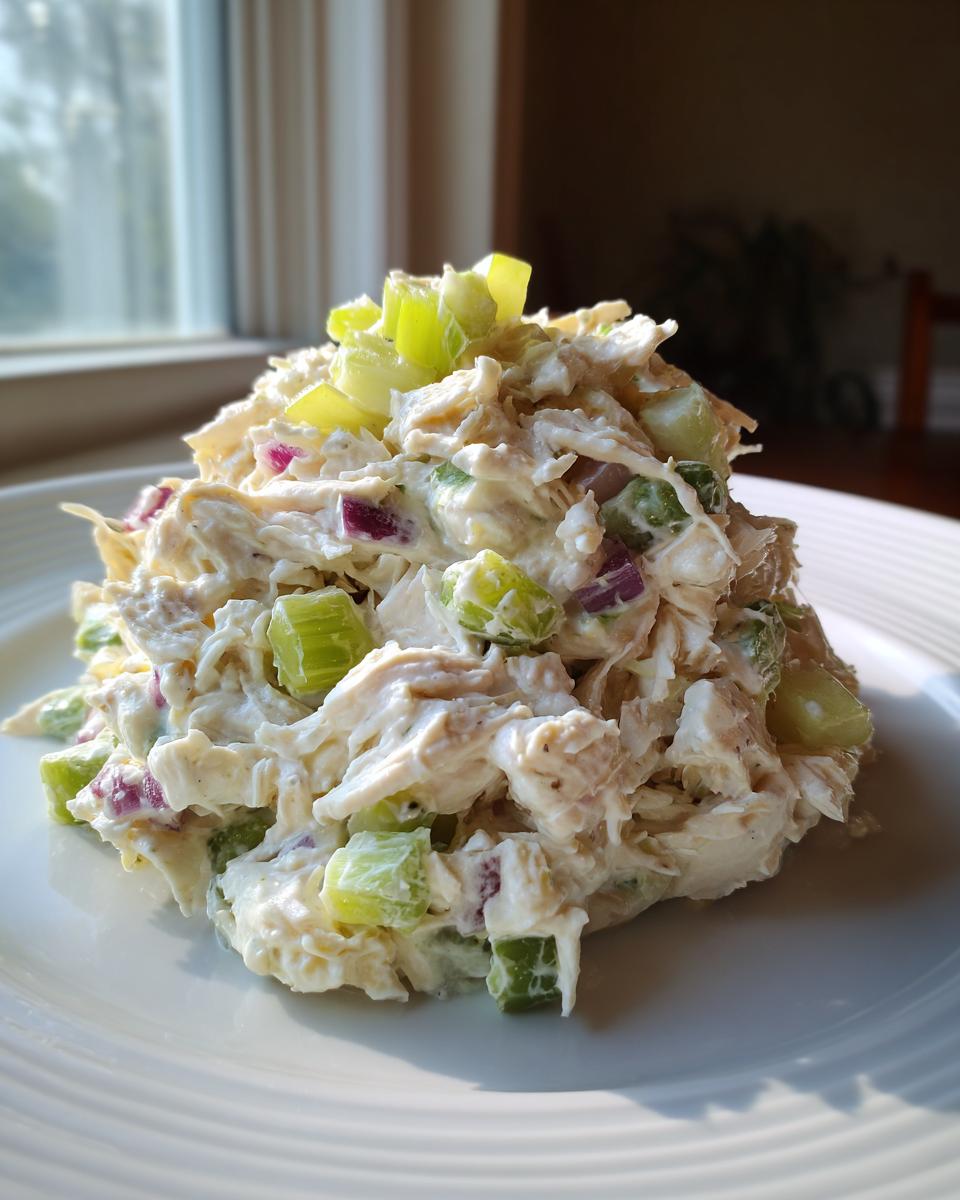 A mound of creamy cottage cheese chicken salad mixed with diced celery and red onion, served on a white plate near a window.