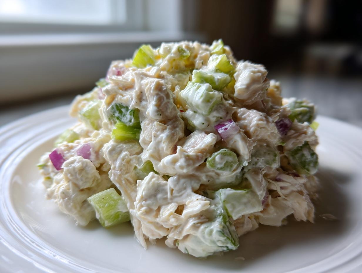 A mound of creamy cottage cheese chicken salad featuring shredded chicken, celery, and red onion, served on a white plate.