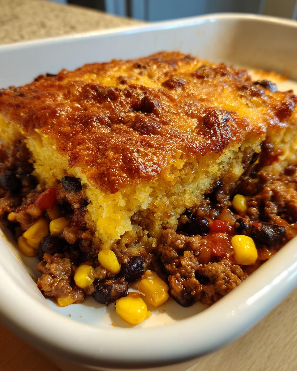 A close-up of a serving of cowboy cornbread casserole showing the browned cornbread top over a meaty chili base with corn and black beans.