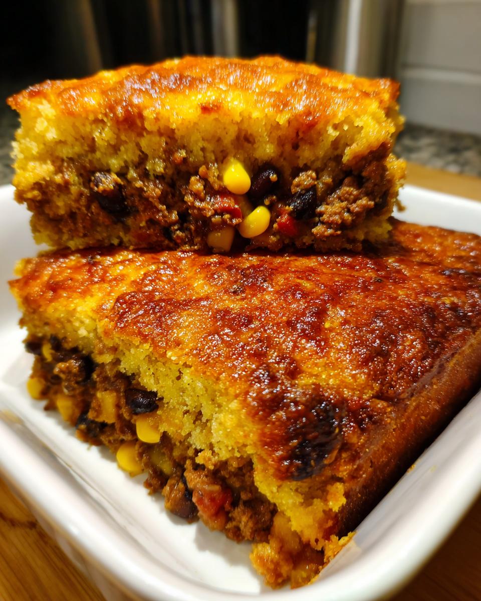 Two stacked slices showing the rich filling of cowboy cornbread casserole with ground meat, corn, and black beans.