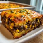 A close-up slice of cowboy cornbread casserole showing a savory ground beef, black bean, and corn filling topped with melted cheese.