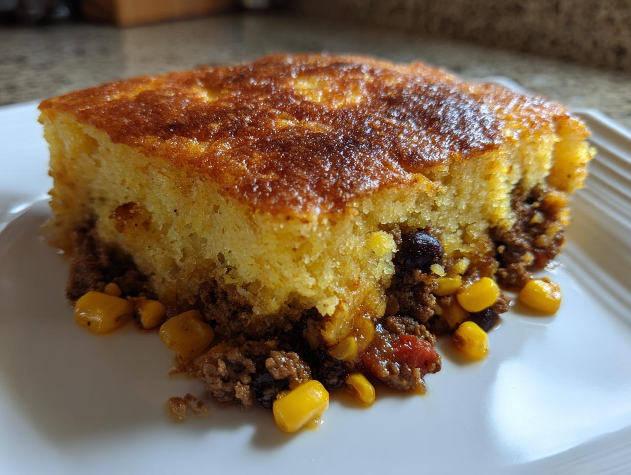 A close-up of a thick slice of cowboy cornbread casserole showing the golden, baked top and savory meat and corn filling.