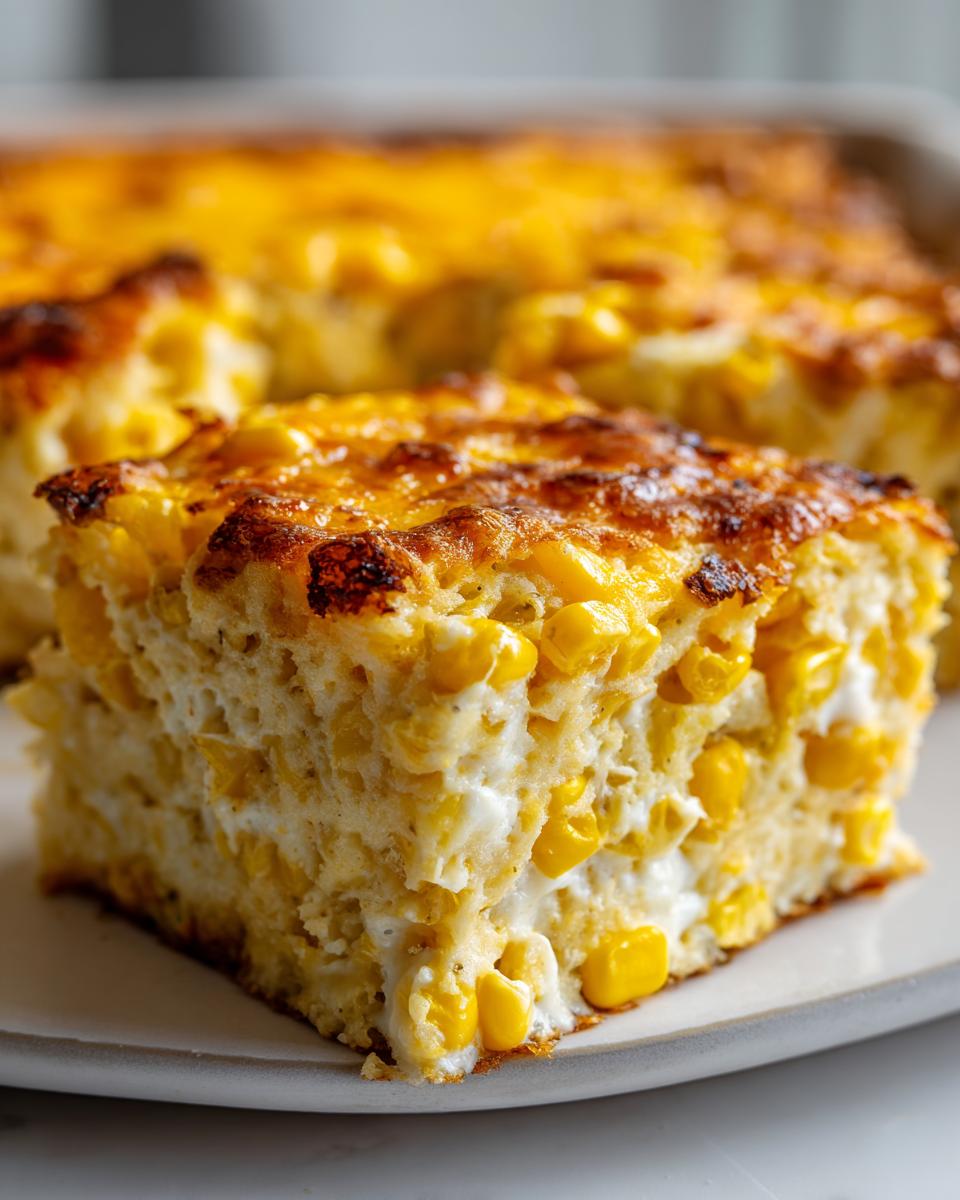 Close-up of a square slice of baked cream cheese corn casserole with a golden-brown cheesy top.