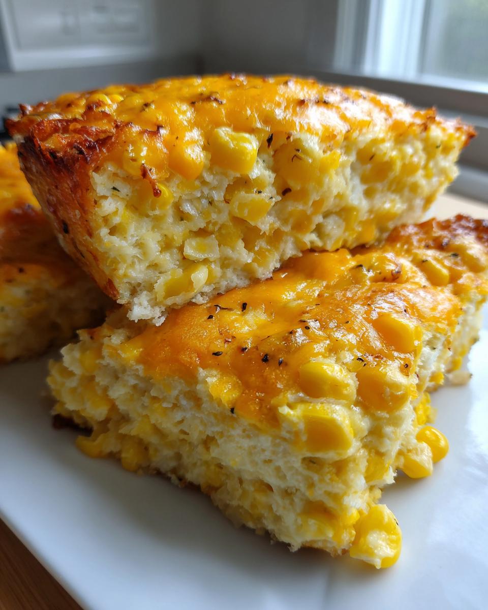 Two thick slices of moist cream cheese corn casserole topped with melted cheddar cheese and black pepper.