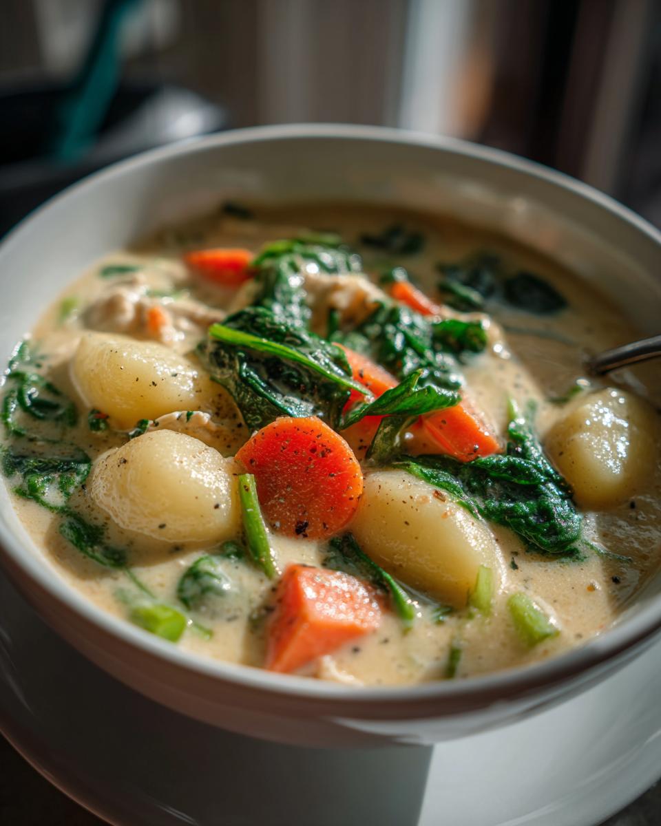 Close-up of a creamy bowl of gnocchi soup featuring potato dumplings, bright orange carrots, and dark green spinach.
