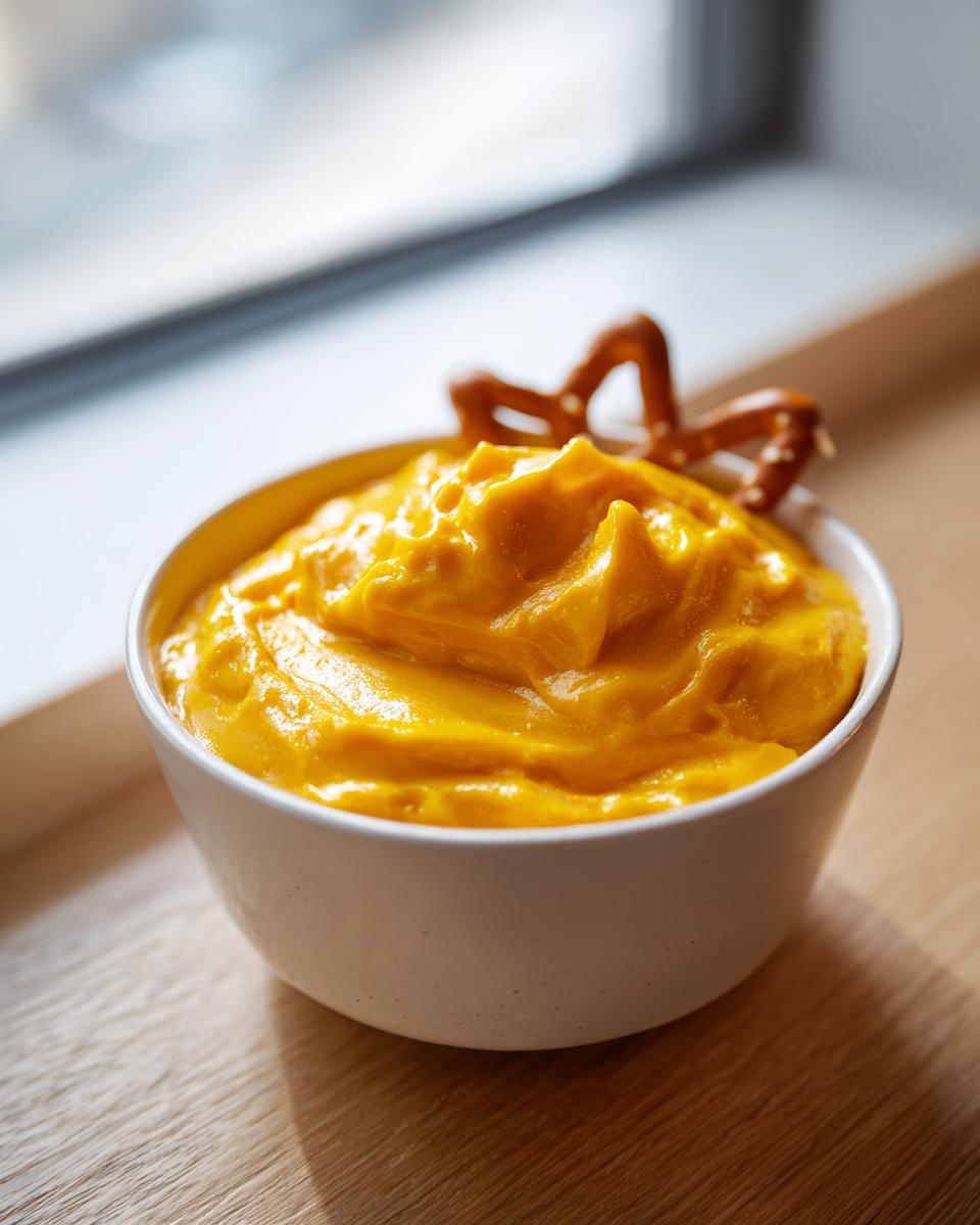 Close-up of a bowl of bright orange, creamy beer cheese dip garnished with a small pretzel.