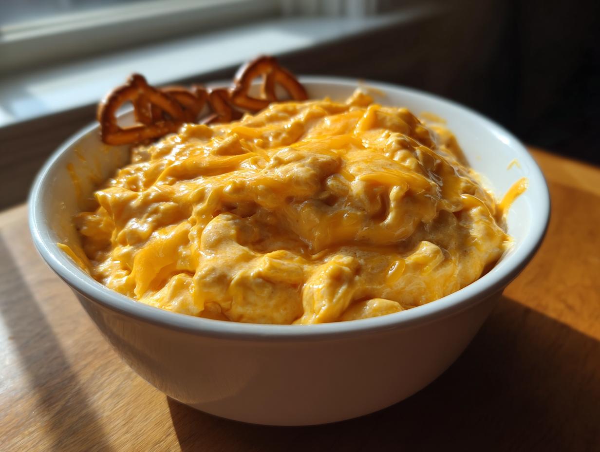 A white bowl filled with creamy, melted orange beer cheese dip, garnished with pretzels.