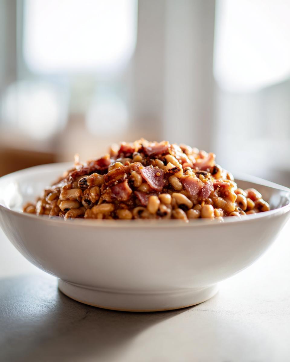 A white bowl filled with creamy black eyed peas topped generously with crumbled bacon pieces.