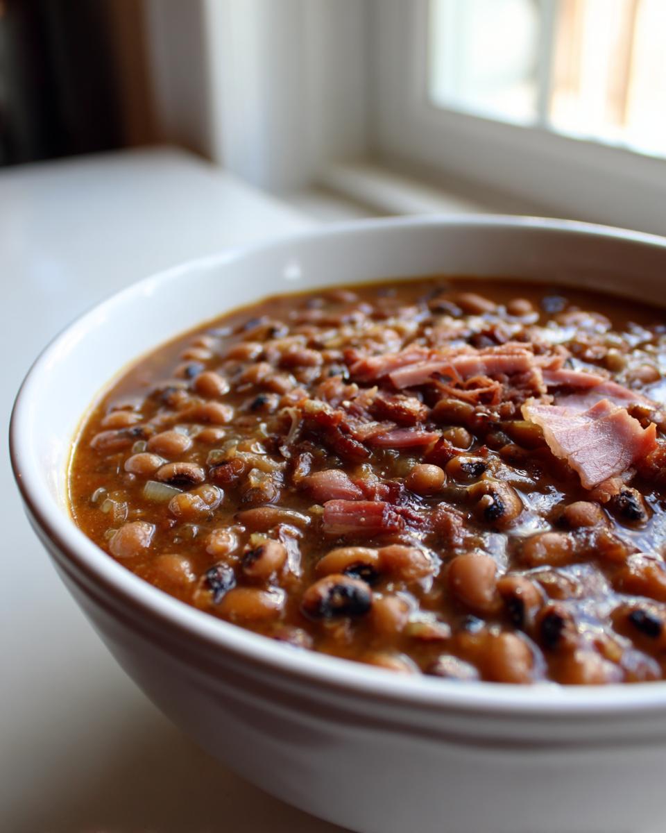 Close-up of creamy black eyed peas stewed in a savory broth and topped with shredded ham.