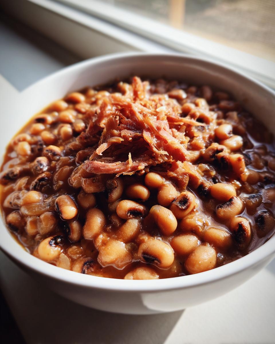 A white bowl filled with creamy black eyed peas topped with shredded smoked ham, set near a window.