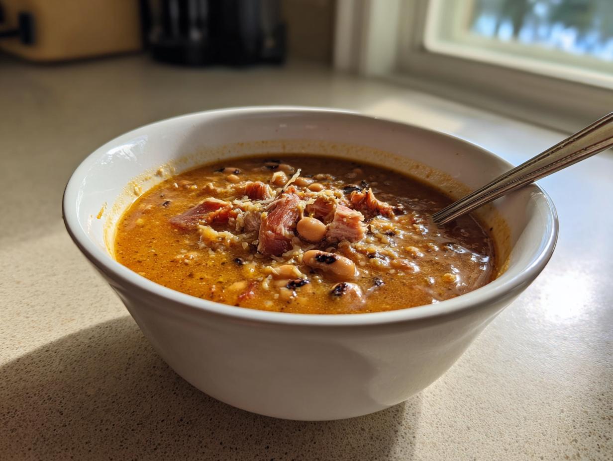 A white bowl filled with creamy black eyed peas stew topped with ham and cheese, ready to eat.