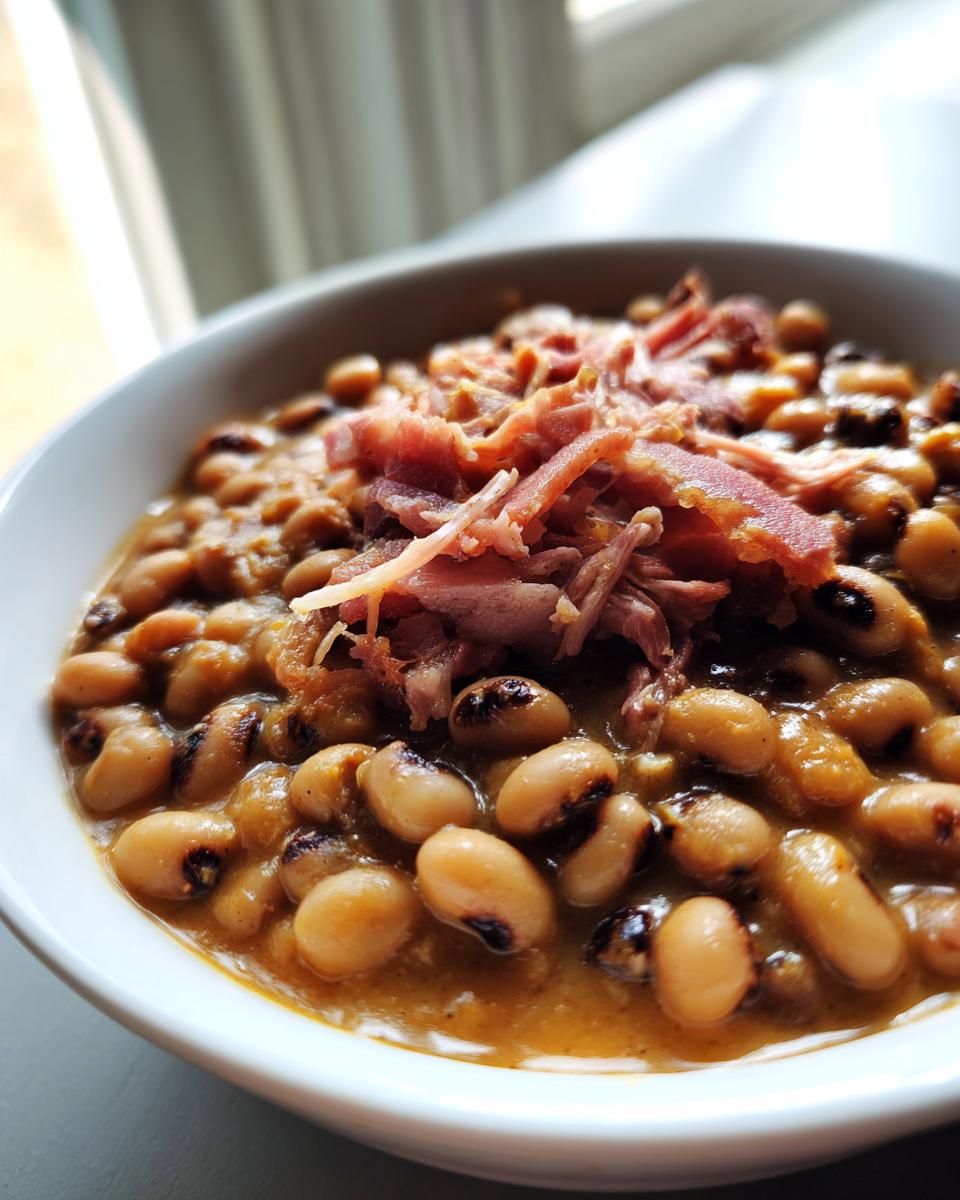 Close-up of a white bowl filled with creamy black eyed peas topped with shredded smoked ham.