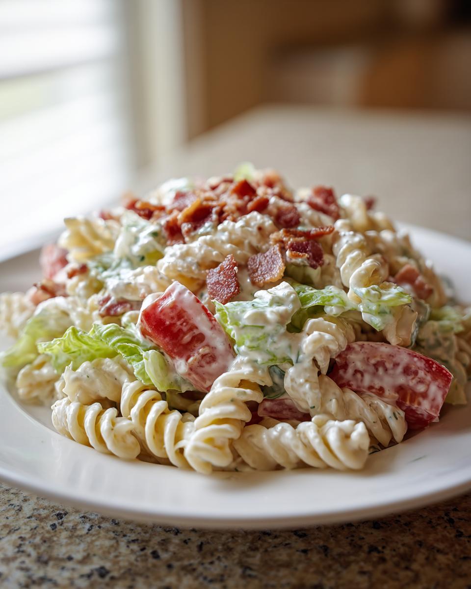 Close-up of a serving of creamy blt pasta salad featuring rotini pasta, tomatoes, lettuce, and crispy bacon crumbles.