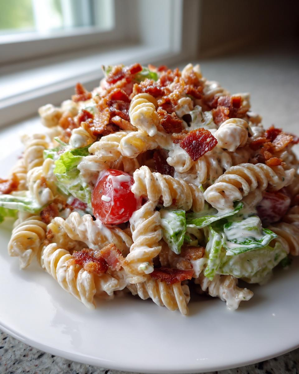 A close-up of a serving of creamy blt pasta salad featuring rotini pasta, cherry tomatoes, lettuce, and crispy bacon bits.