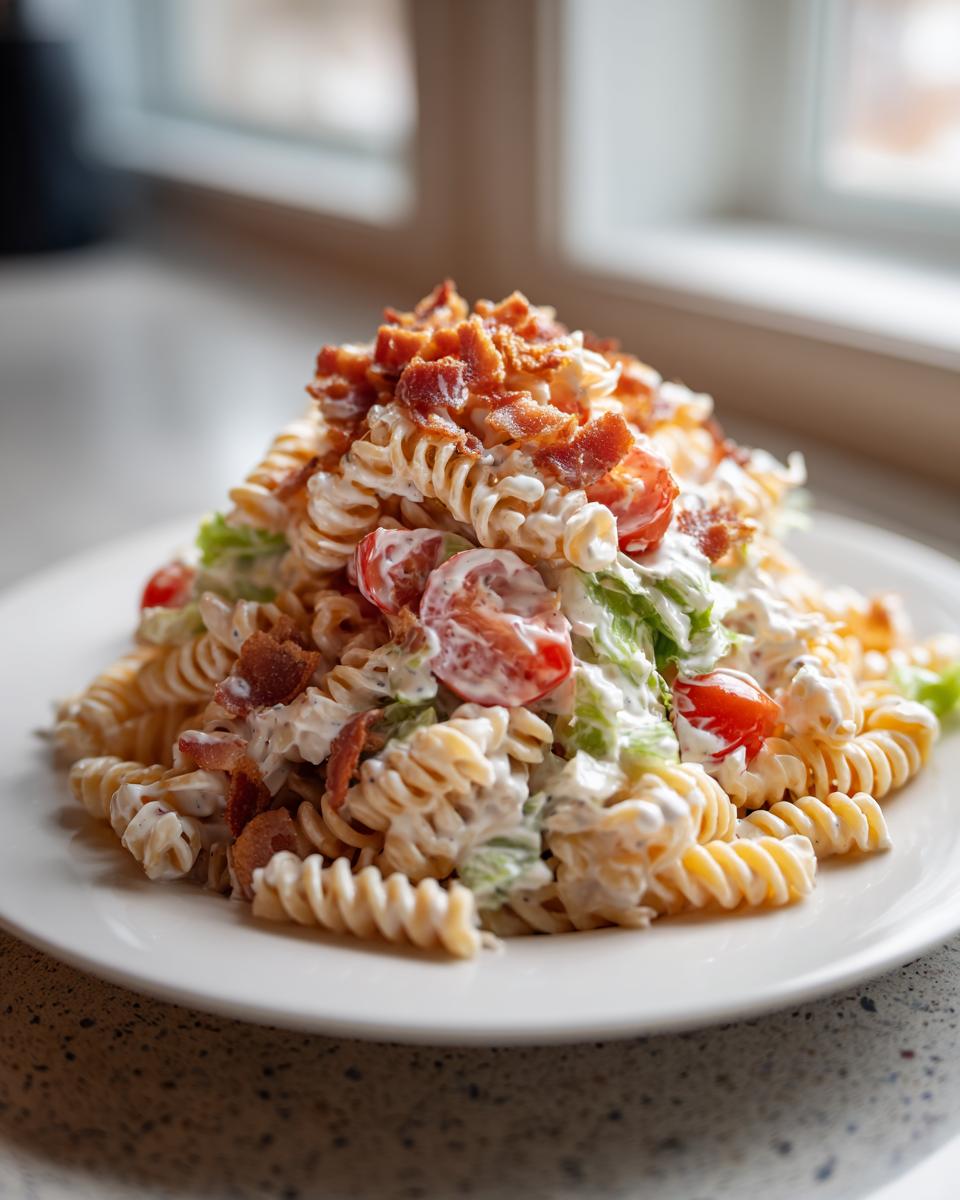 A generous serving of creamy blt pasta salad featuring rotini pasta, lettuce, tomatoes, and topped with crispy bacon.