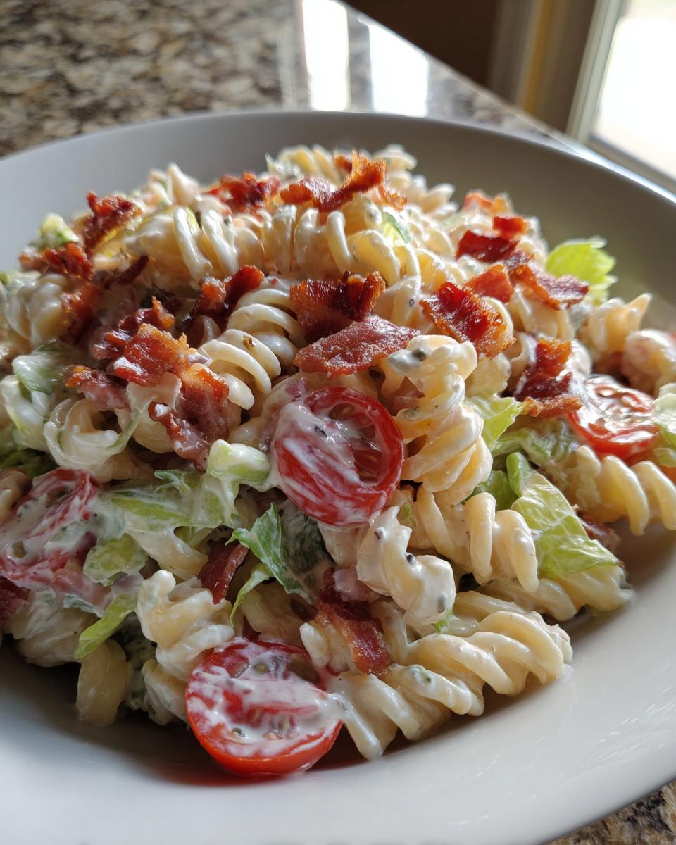 Close-up of a bowl of creamy blt pasta salad featuring rotini pasta, crisp lettuce, halved cherry tomatoes, and crumbled bacon.