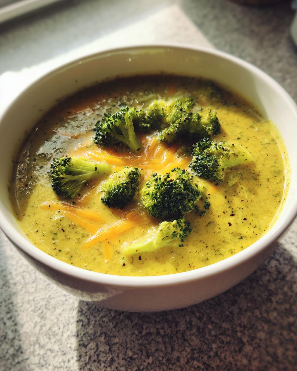 Close-up of a creamy, yellow bowl of broccoli cheddar soup garnished with fresh broccoli florets and shredded cheese.