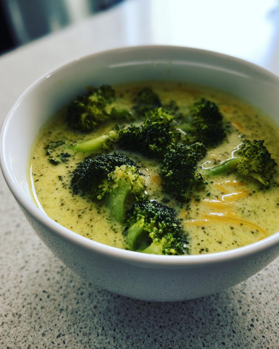 A close-up view of a white bowl filled with creamy, vibrant green broccoli cheddar soup topped with fresh broccoli florets.