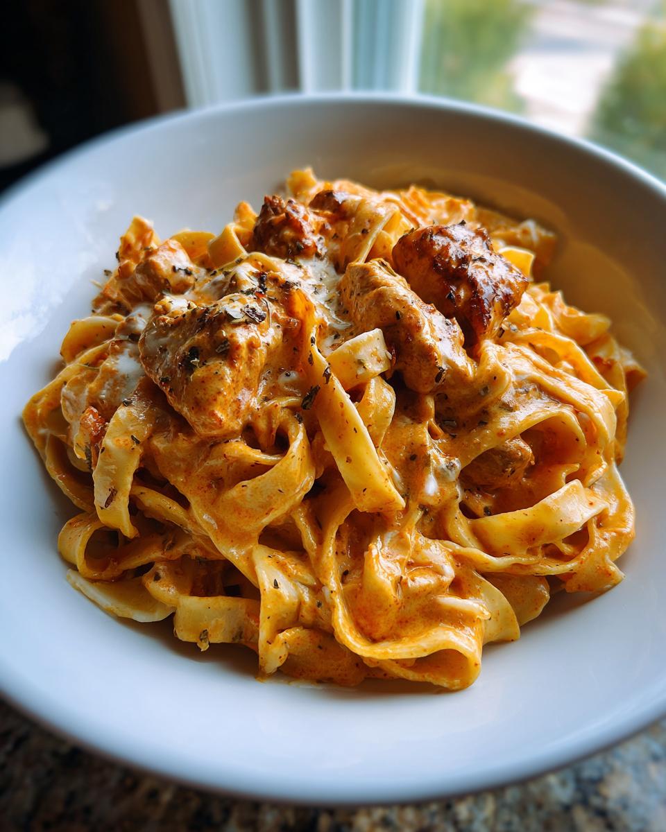 Close-up of a white bowl filled with creamy cajun chicken pasta, featuring fettuccine noodles and seasoned chicken pieces.