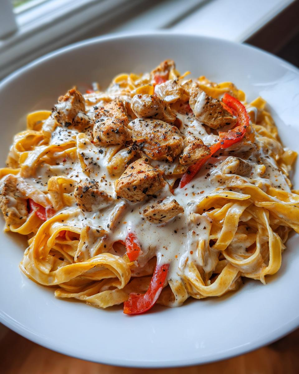 A close-up of creamy cajun chicken pasta featuring fettuccine noodles, seasoned chicken pieces, and red peppers in a rich white sauce.