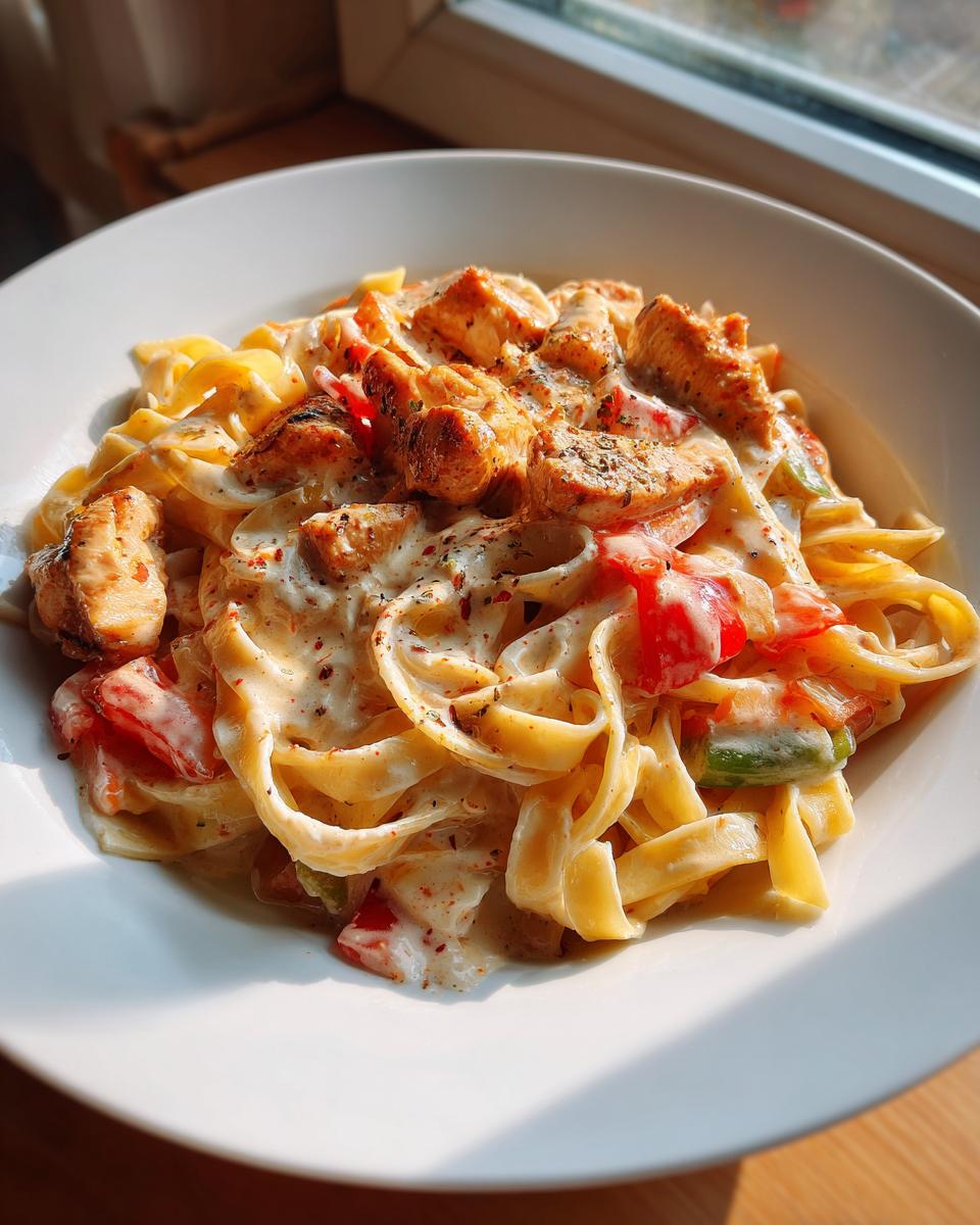 A close-up of creamy cajun chicken pasta featuring fettuccine, seasoned chicken pieces, and red peppers in a rich white sauce.